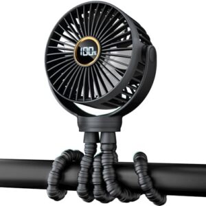 Portable Stroller Mini Fan, Small Rechargeable Personal Fan, Baby Travel Essentials for Wagon, Car Seat, Treadmill, Battery Powered Biking Gear Accessories, 360° Rotation, 3-Speed, Display, Black