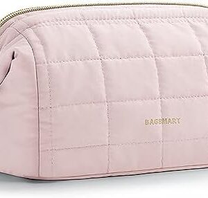 BAGSMART Makeup Bag Travel Toiletry Bag, Puffy Padded Make Up Bags for Women Makeup Organizer Case, Wide-open Pouch Purse Travel Essentials Toiletries Accessories Brushes, Pink