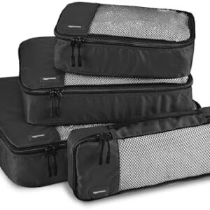 Amazon Basics Lightweight Packing Cubes Travel Organizer Set with Double Zipper, Mesh Top, Small, Medium, Large, Slim, Black, 4 Piece