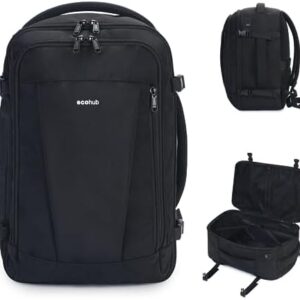 ECOHUB Travel Backpack 18x14x8 Spirit Airlines Personal Item Bag Carry On Backpack 13 Pockets Work Casual Daypack for Men Women Airline Approved Water Resistant Gym Backpack with Charging Port, Black