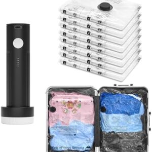 SUOCO Travel Vacuum Bags for Luggage with Portable Electric Pump, 8 Small Packing Seal Bags for Clothing Suitcase Backpack, Space Saver Compression Clothes Storage Bag