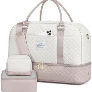 Travel Duffle Bag Weekender for Women: Travel Duffel Bag Carry-On Overnight Bag with Shoe Compartment & Wet Pocket Large Weekend Tote Bag withGym Duffel Bag for Hospital Beige