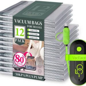 Vacuum Bags for Travel with USB Pump, 12 Pack Carry-on Size Compression Packing for Luggage and Suitcase, Space Saver Bags for Clothes and Clothing Travel